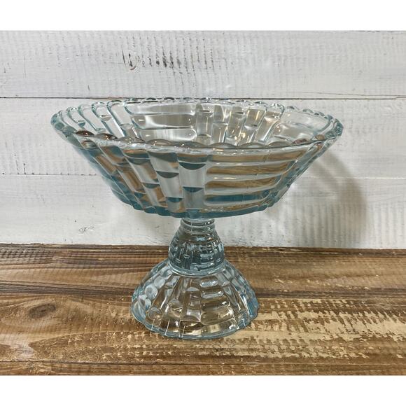 Vintage 1950's Jeannette Glass Louisa Star Lite Blue Footed Compote Bowl 9" Dia - Picture 9 of 12